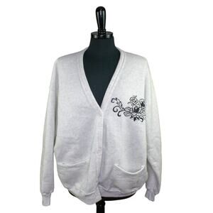 Vintage Won's Wear V Neck Cardigan Sweatshirt Embroidered Floral Preppy
